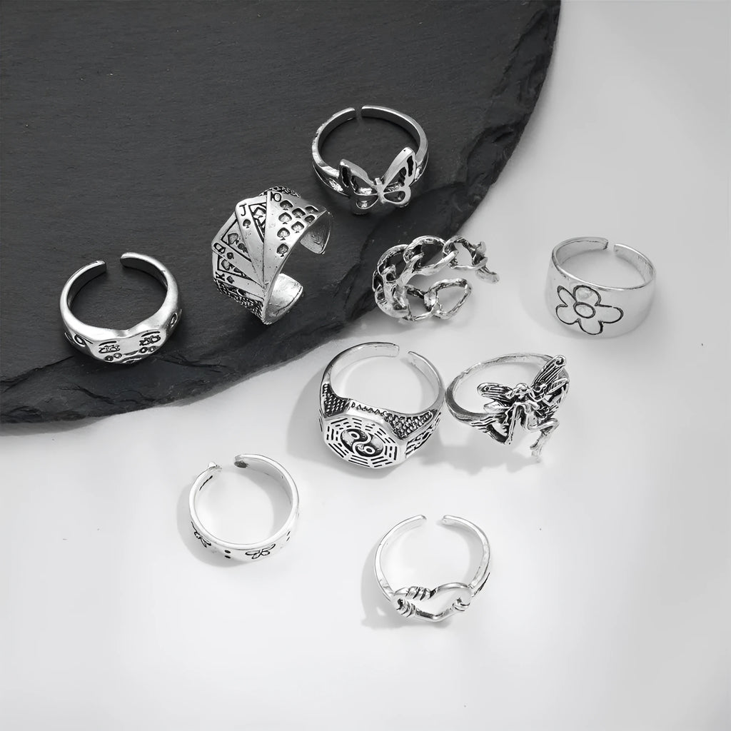 Retro alloy ring set for women with butterfly and snake geometric designs, opening rings pack