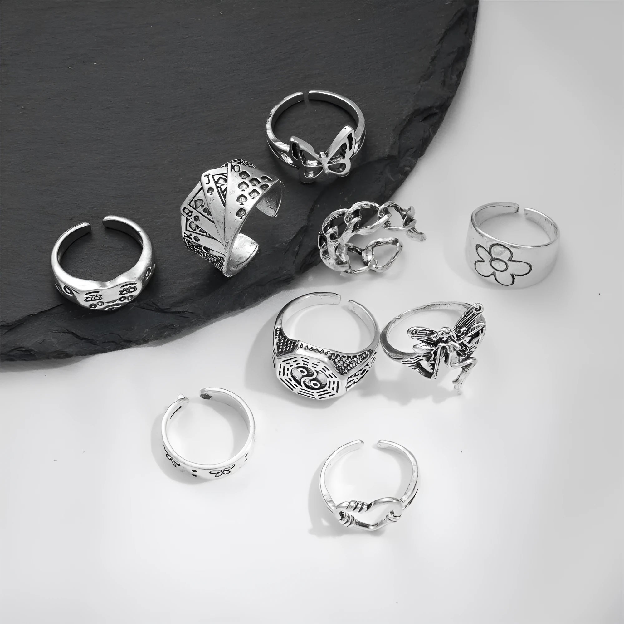 Retro alloy ring set for women with butterfly and snake geometric designs, opening rings pack