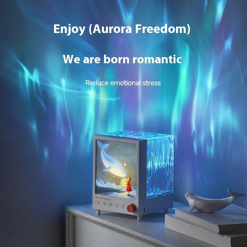 Aurora Treasure Box projection lamp showing star sea whale light effect and compact design.