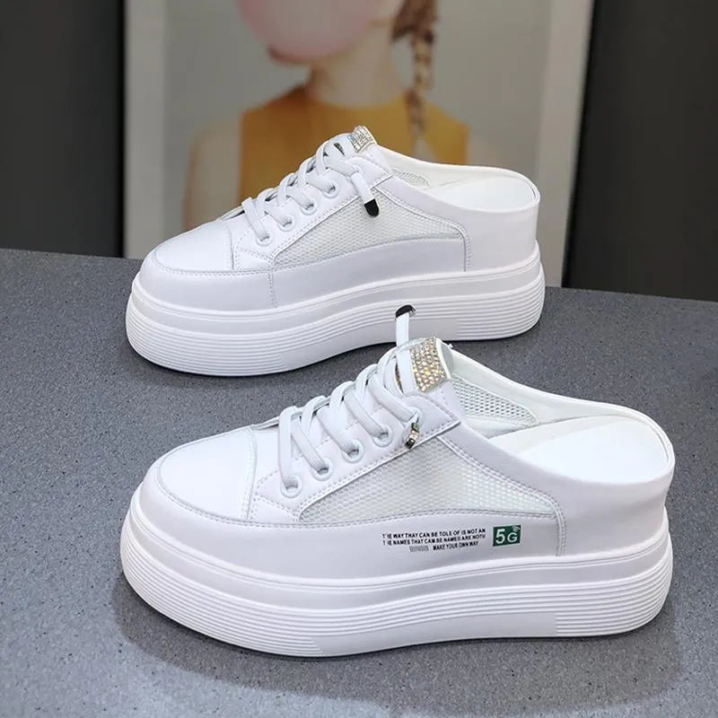 White women's mesh platform shoes with round toe and heel-free design