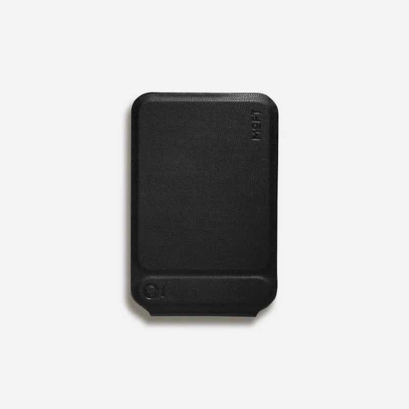 Magnetic mobile phone holder case in Movas leather showing the built-in stand in open and closed positions.