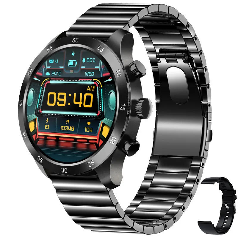 Black steel Bluetooth smart watch for iPhone with heart rate monitor on a wrist