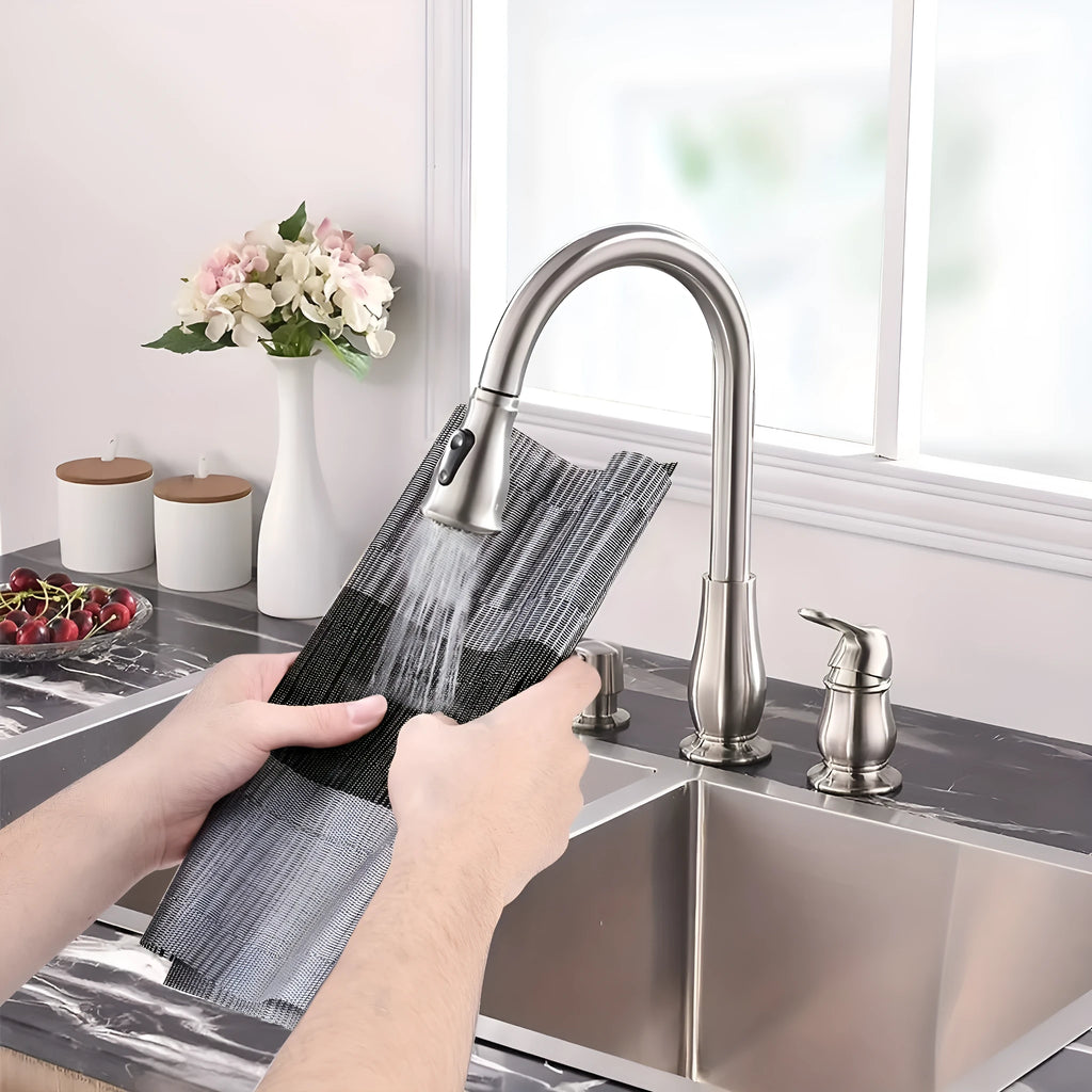 PVC non-slip kitchen sink placemat in gradient bamboo or infinite long colours on a counter.