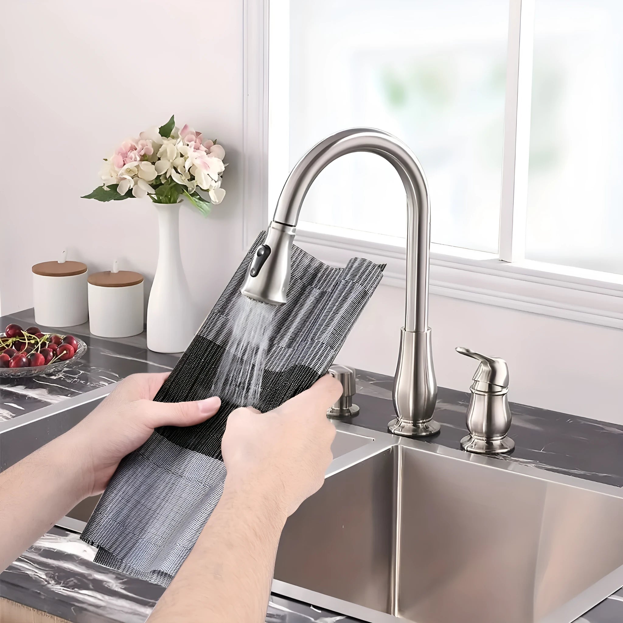 PVC non-slip kitchen sink placemat in gradient bamboo or infinite long colours on a counter.