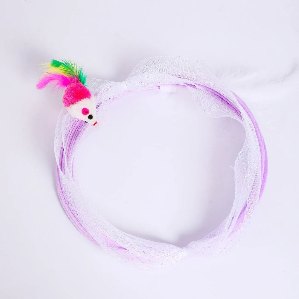 S-type collapsible cat tunnel toy with steel frame, elastic net, and feather attachments