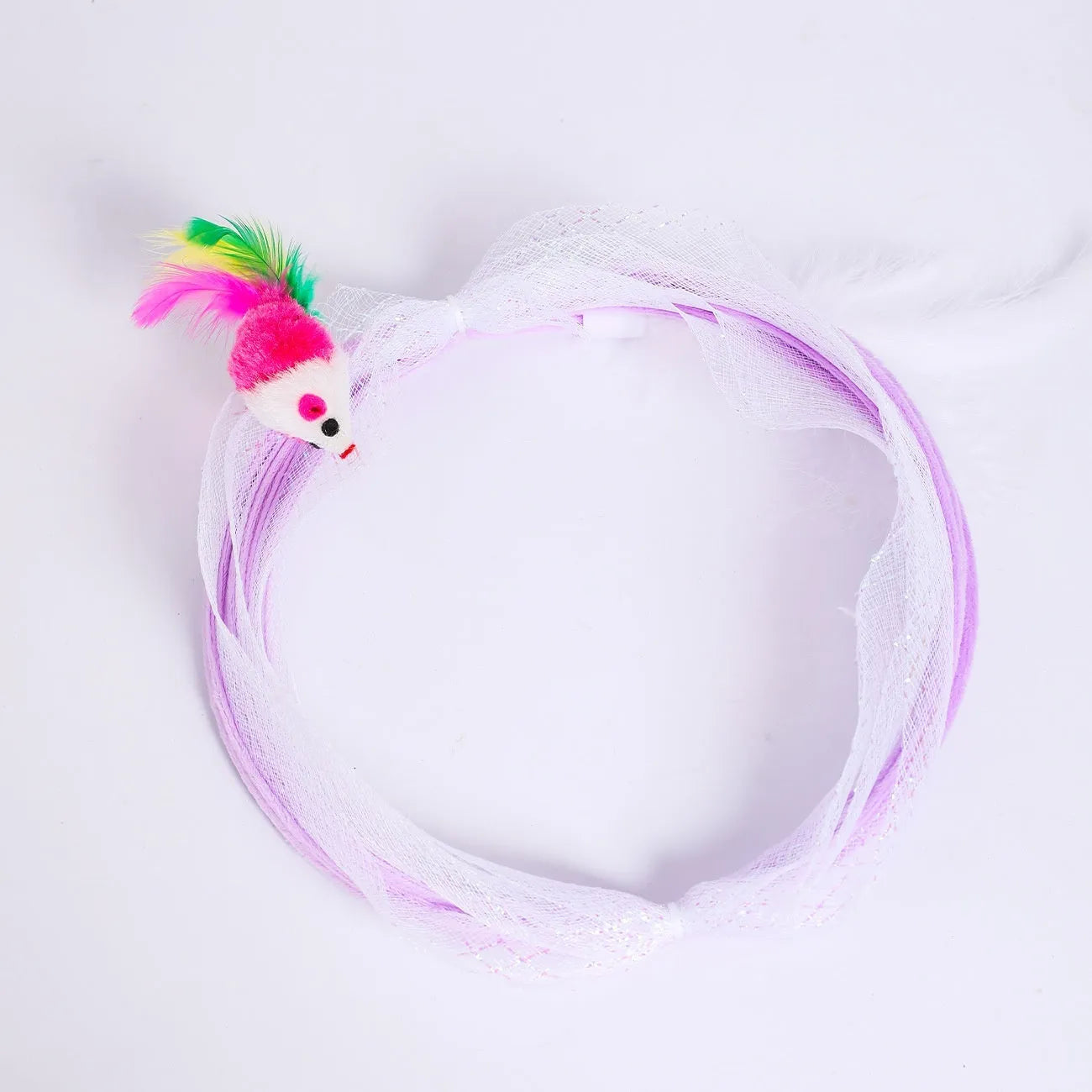 S-type collapsible cat tunnel toy with steel frame, elastic net, and feather attachments