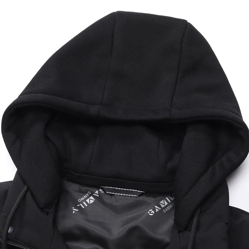 Men's high-waist down jacket vest in black, side view on hanger