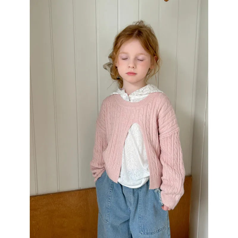 Girls' cotton knitted pullover in solid lotus root colour with retro split hem, suitable for heights 90-150cm