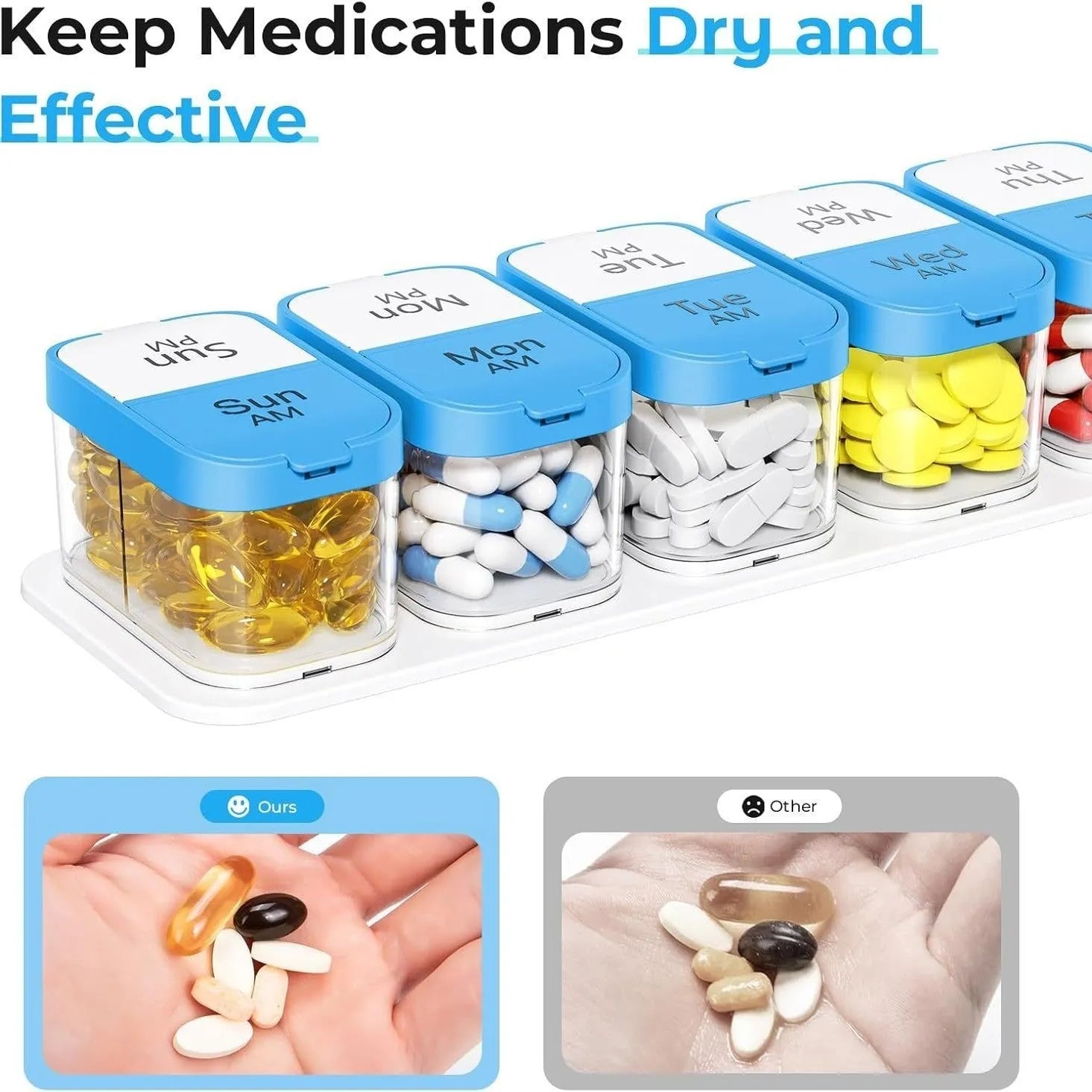 White and rainbow coloured portable pill box with 14 detachable compartments for medicine storage.