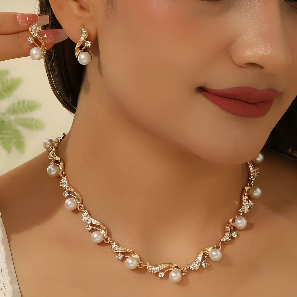 Women's bohemian irregular pearl earrings and necklace set in gold alloy electroplated finish
