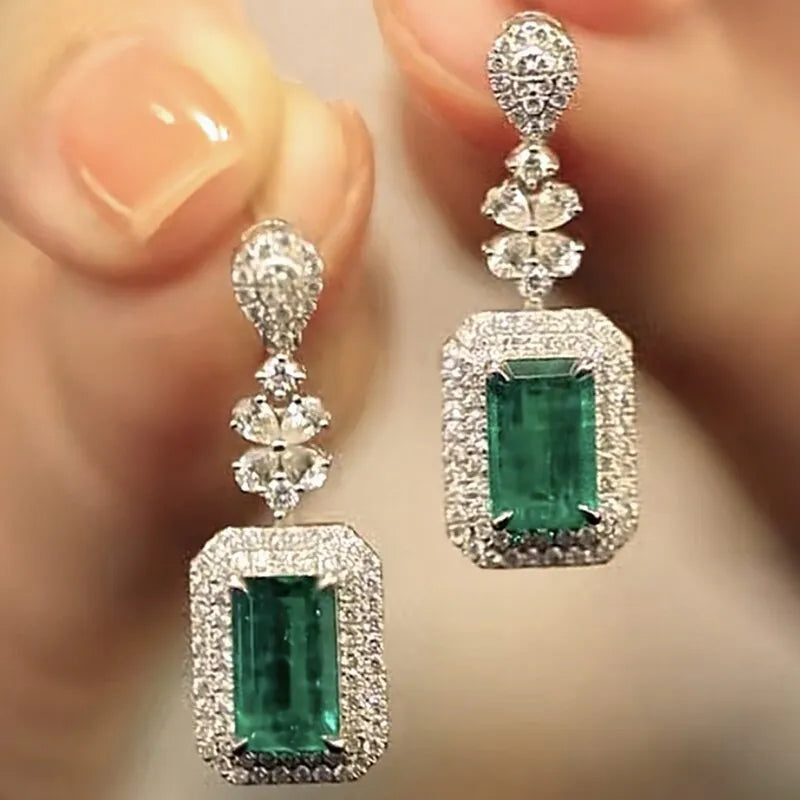 Green square bright zircon drop earrings with flower and geometric design in copper