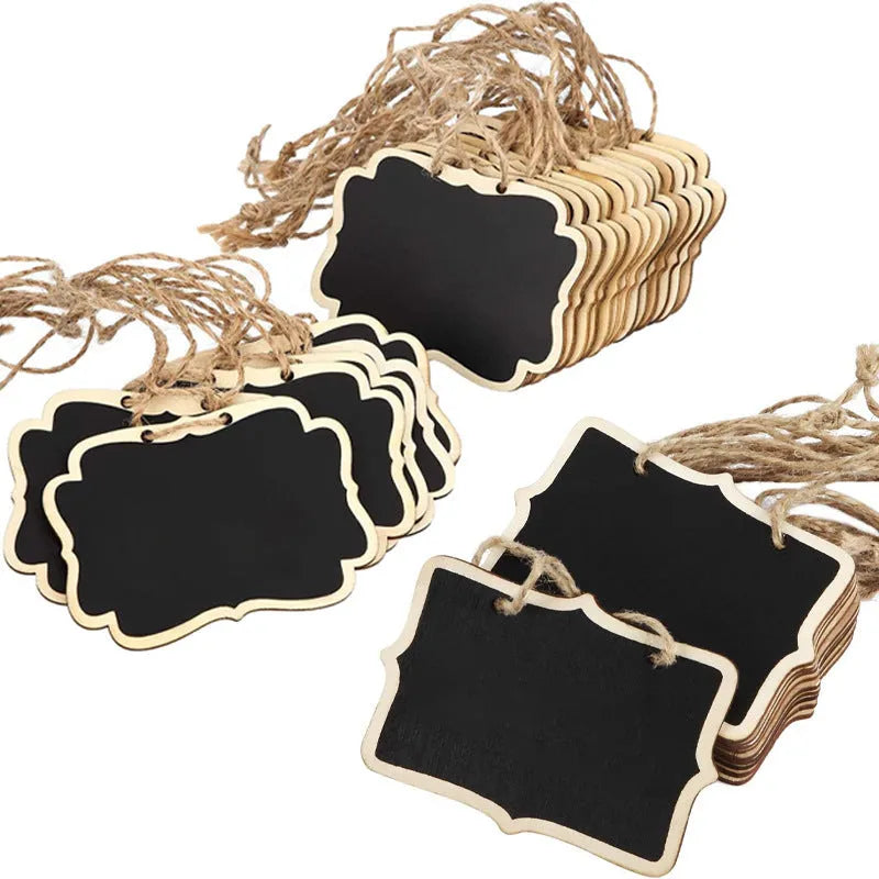 Set of 12 poplar wood double-sided blackboard mini pendants with lanyard, 8.5 by 6 cm, Lace and With Angle colours