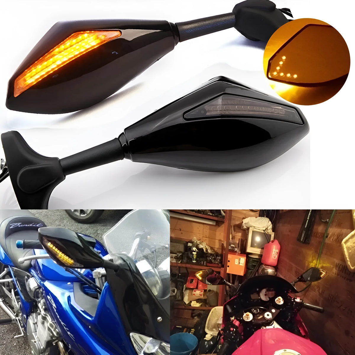 Motorcycle rear view mirror with LED arrow turn signals black plastic and aluminium stem
