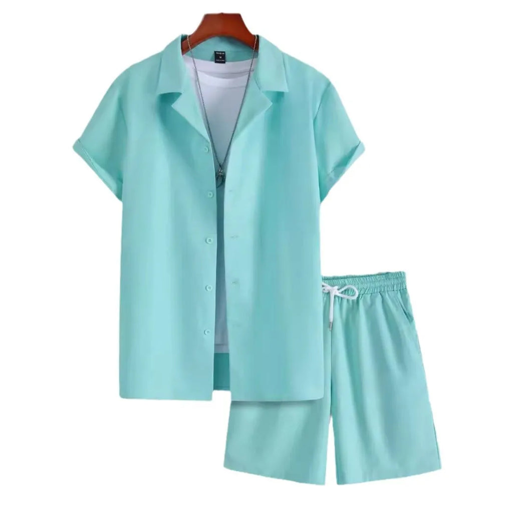 Men's short sleeve Cuban collar sport suit with matching shorts in lightweight polyester fabric