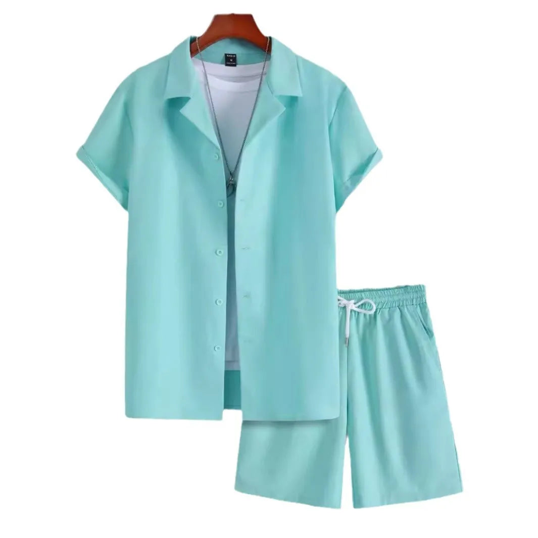 Men's short sleeve Cuban collar sport suit with matching shorts in lightweight polyester fabric