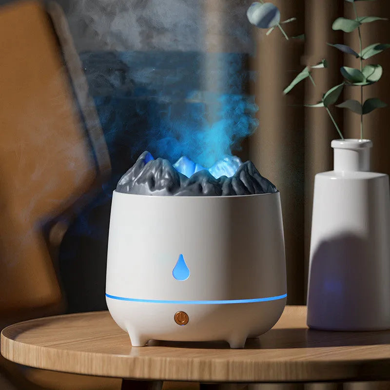 Black volcanic mountain-shaped ultrasonic humidifier with USB cable on wooden surface