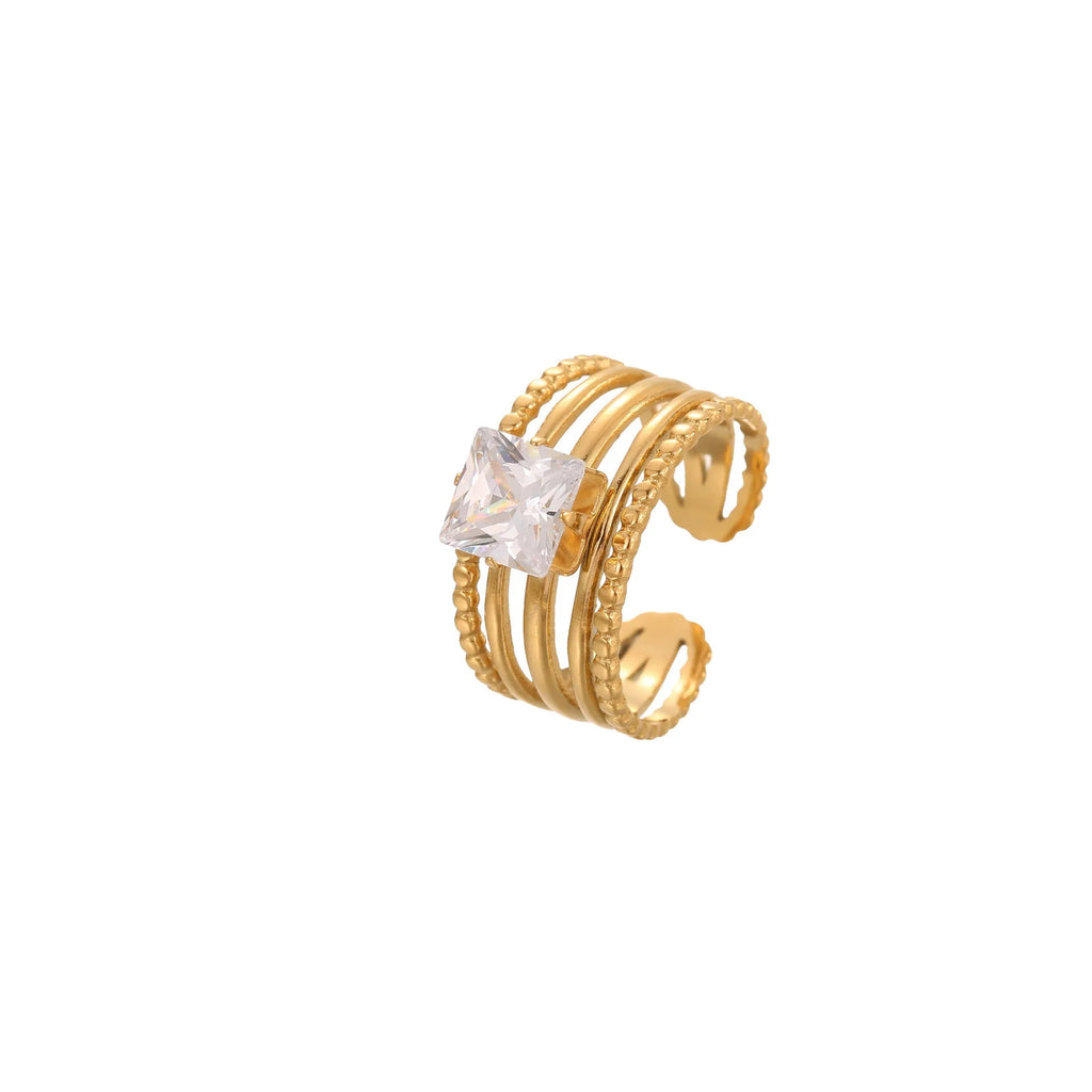 Gold electroplated stainless steel open mouth ring with zircon decoration and geometry design