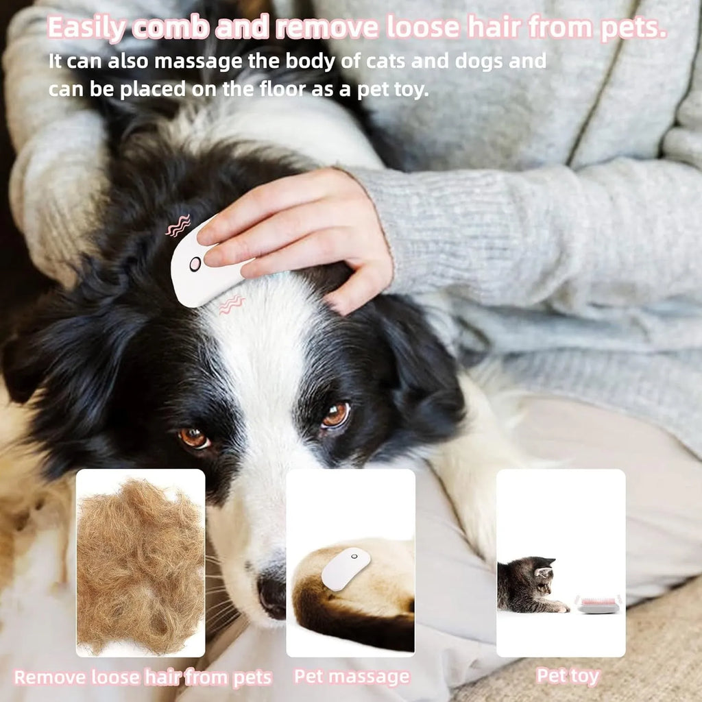 Pink handheld electric pet massage brush with soft TPE teeth on a white background