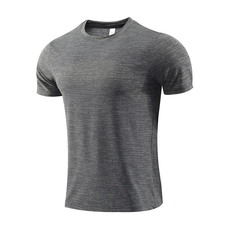 Short sleeve running T-shirt in polyester spandex fabric, available in red, black, and blue colours.