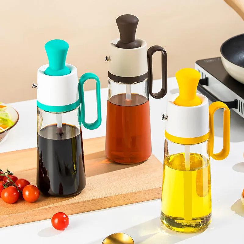 2 in 1 oil dispenser with silicone brush on wooden table against dark background