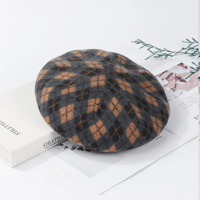Wool plaid beret in blue light coffee plaid colour with tassel, dome crown, and adjustable fit for women autumn winter