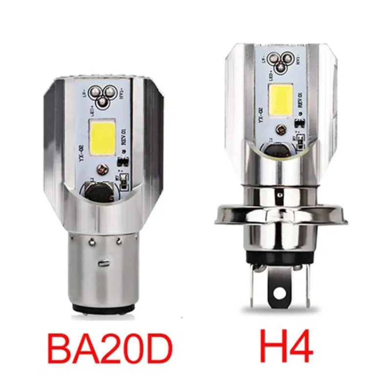 Motorcycle LED M4 H6 headlight unit with aluminium housing and white light lens.