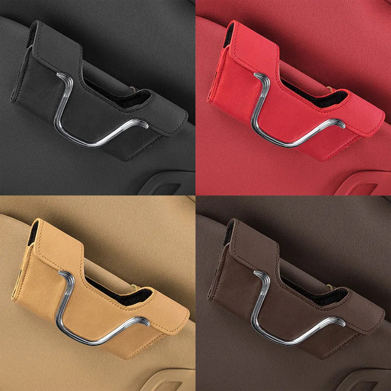 Beige canvas car sun visor glasses case with sunglasses inside, measuring 8cm x 17.5cm