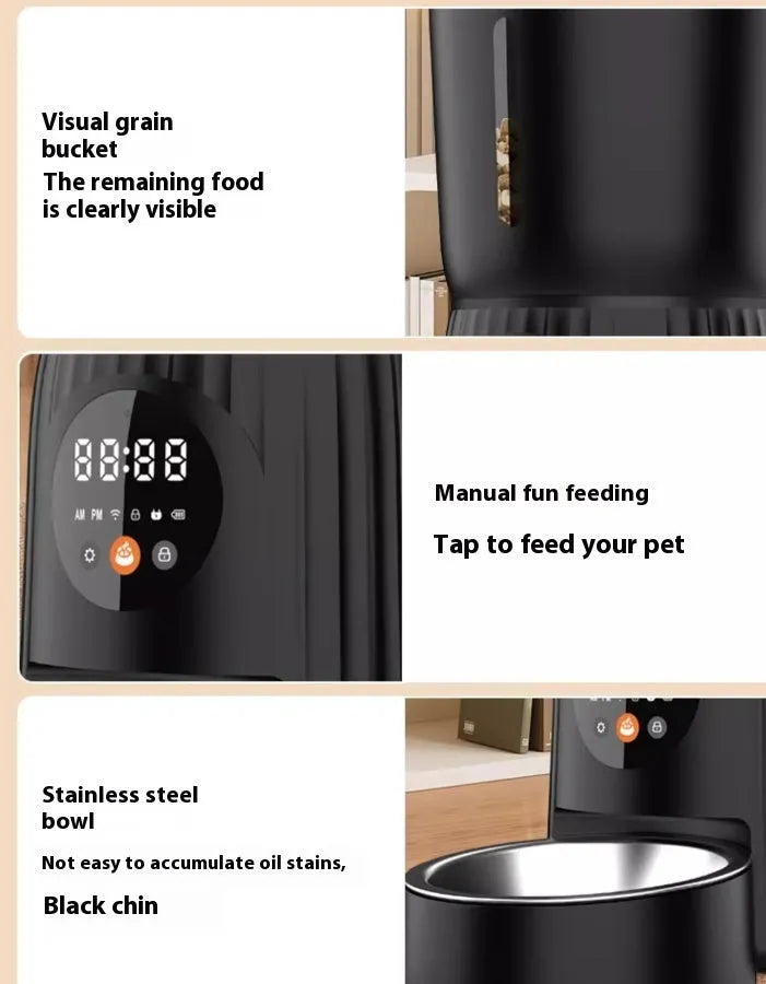 Black and white automatic intelligent pet feeder with USB cable for timed, portion-controlled feeding.