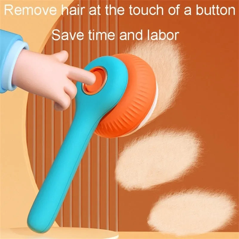 Blue and white dual-sided pet grooming brush for cats and dogs with self-cleaning feature.