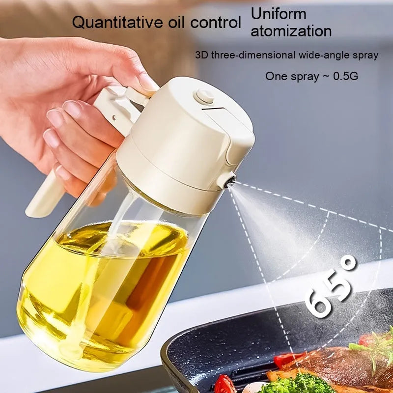 Glass olive oil sprayer and pour bottle with ergonomic handle in beige, yellow, green, or black, 470ml capacity.