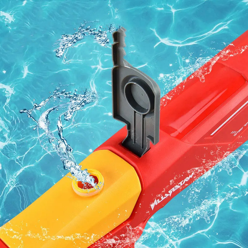 Red electric shark water gun 44cm long with 500ml tank, battery, screwdriver, and USB cable for kids water fights