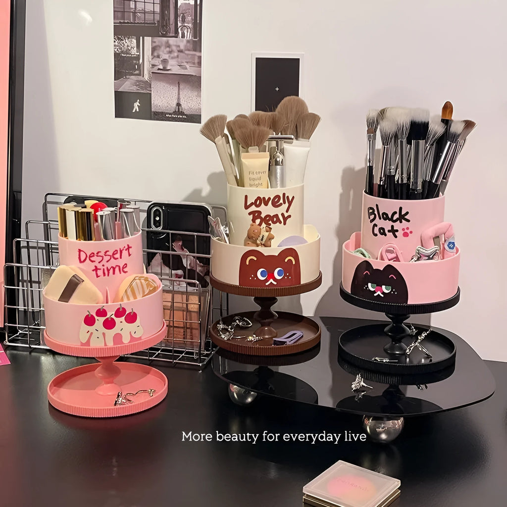 Rotating beige cosmetic brush storage barrel with 18-litre capacity on a table.