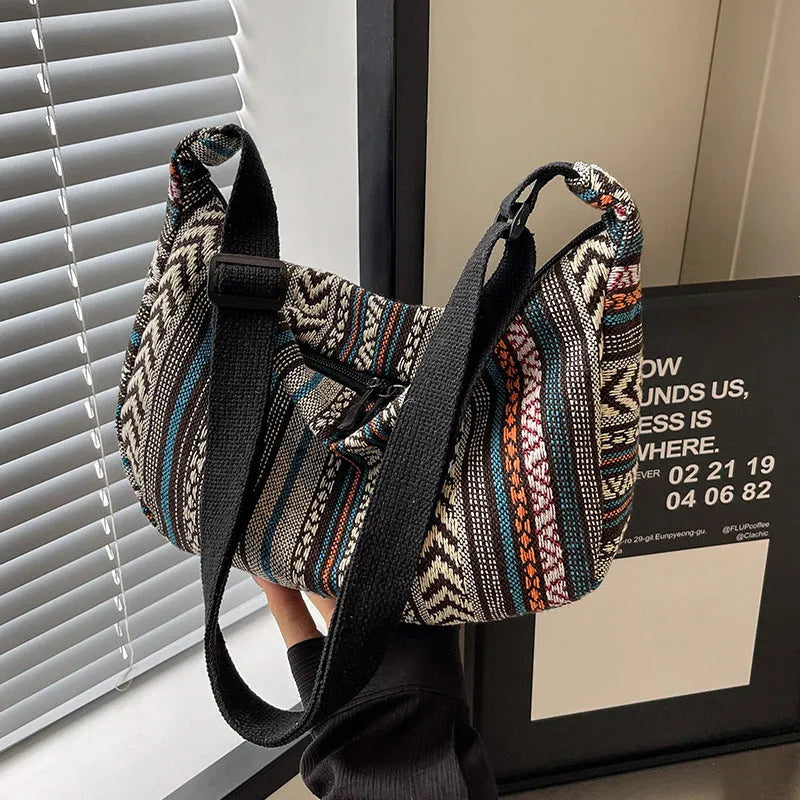 Women's canvas crossbody dumpling bag in ethnic style with three-dimensional pocket
