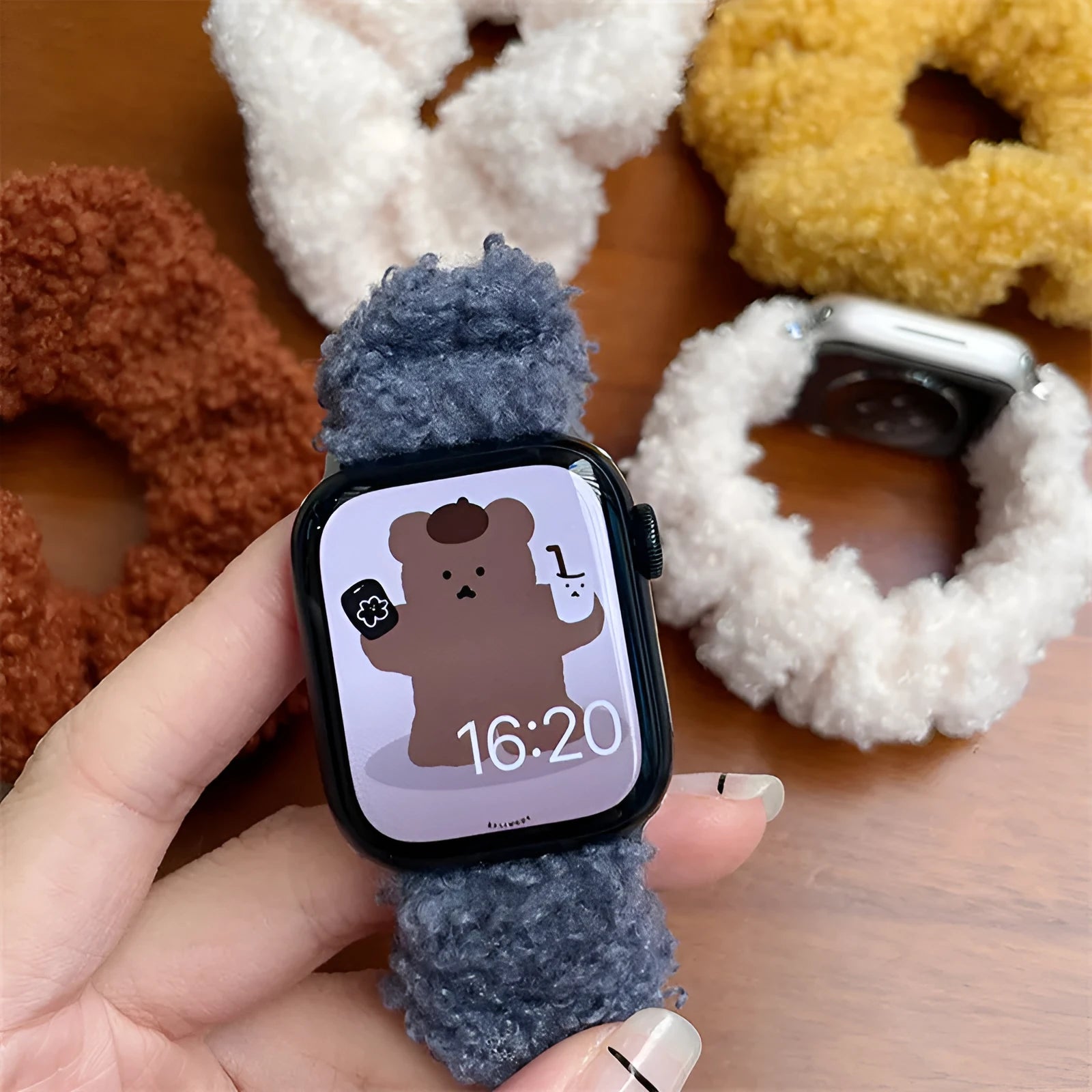 Velvet elastic hair loop watch strap for Apple Watch in brown, off white and blue, compatible with 38/40/41/42/44/45mm sizes