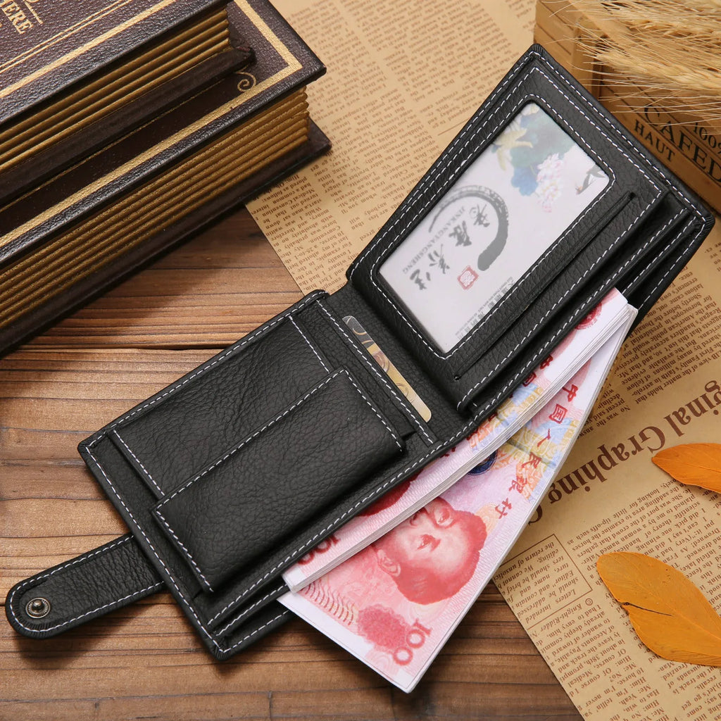 Men's short genuine leather wallet with zipper buckle, first layer cowhide, available in black or brown