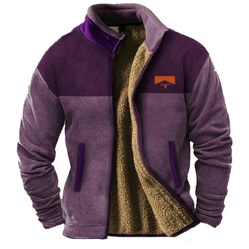 Men's green polyester fleece padded coat on a hanger, showing regular fit and quilted padding.