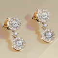 Women's gold copper round zircon stud earrings on a light background