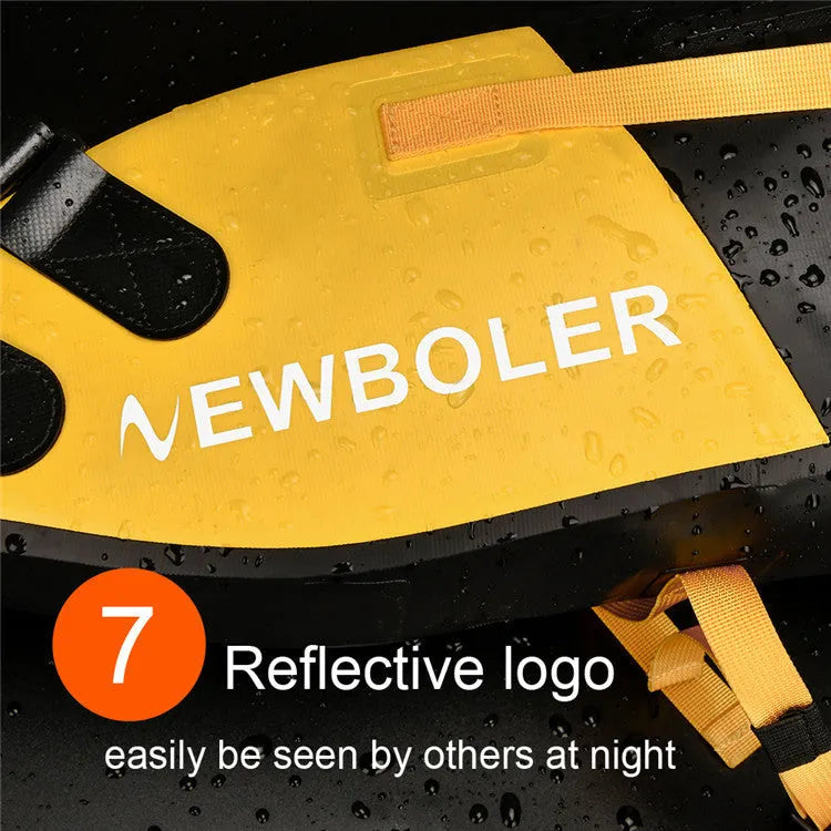 Yellow waterproof PVC bicycle tail bag mounted on a bike rack, showing its 58cm length and storage capacity.