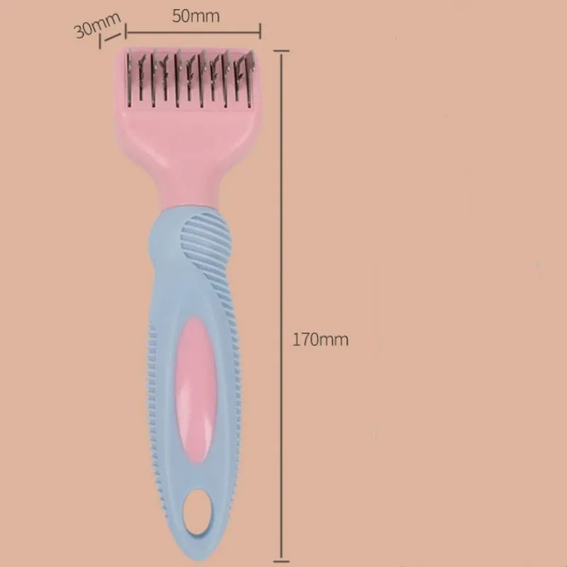 Pink stainless steel dog comb with knot knife blade and massage brush for pet grooming