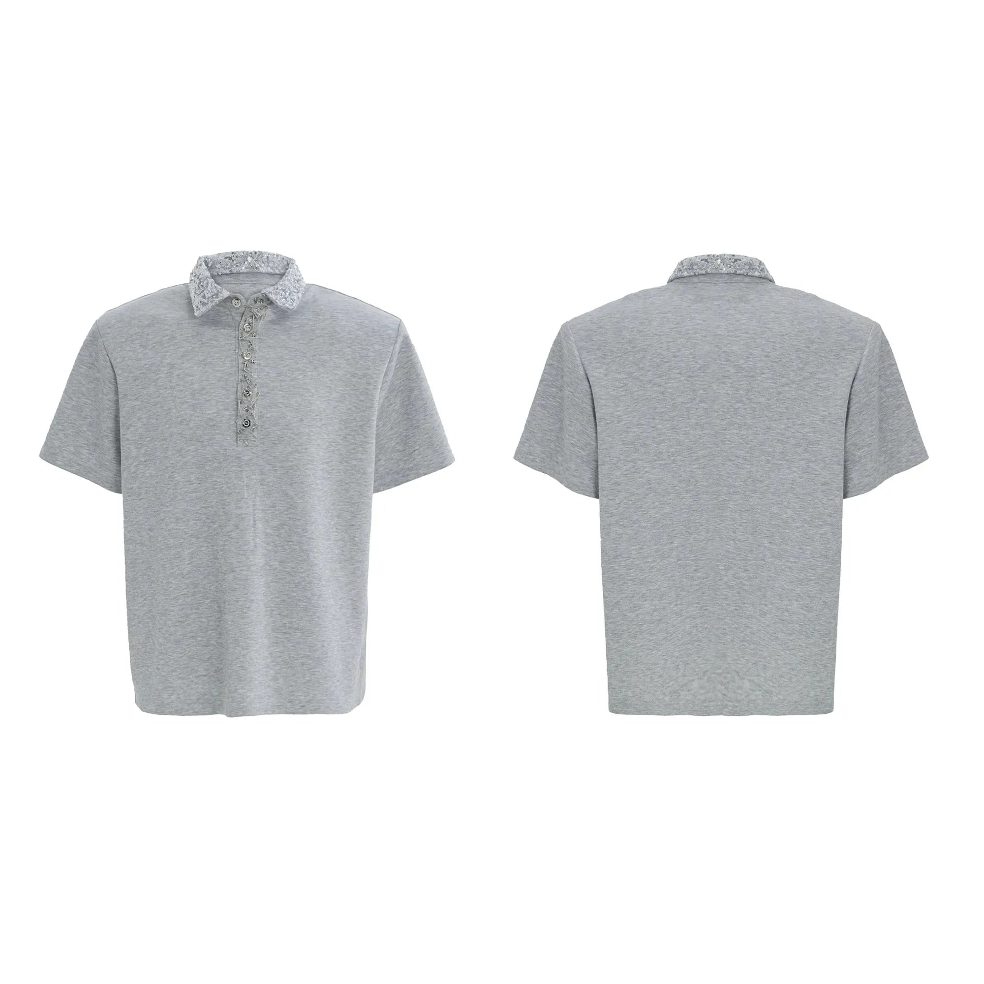 Men's black loose-fit polo shirt with front embroidery and sequin detail on a square collar.