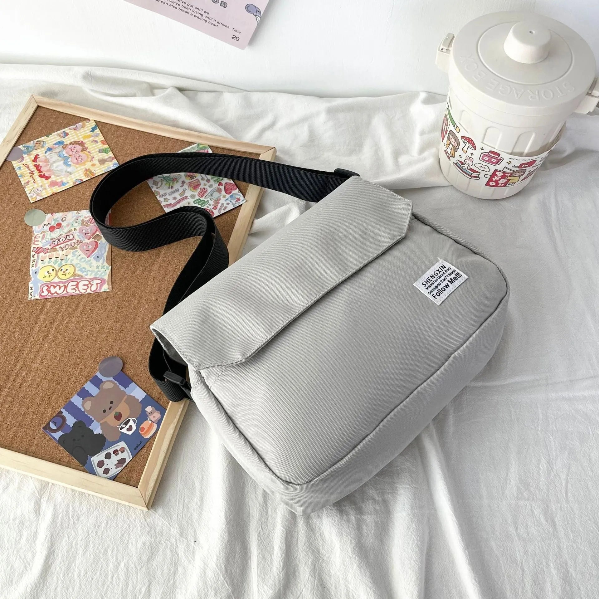 Ins messenger bag Oxford cloth crossbody shoulder bag for women men casual small flap bag light gray 27cm 29cm height 19cm