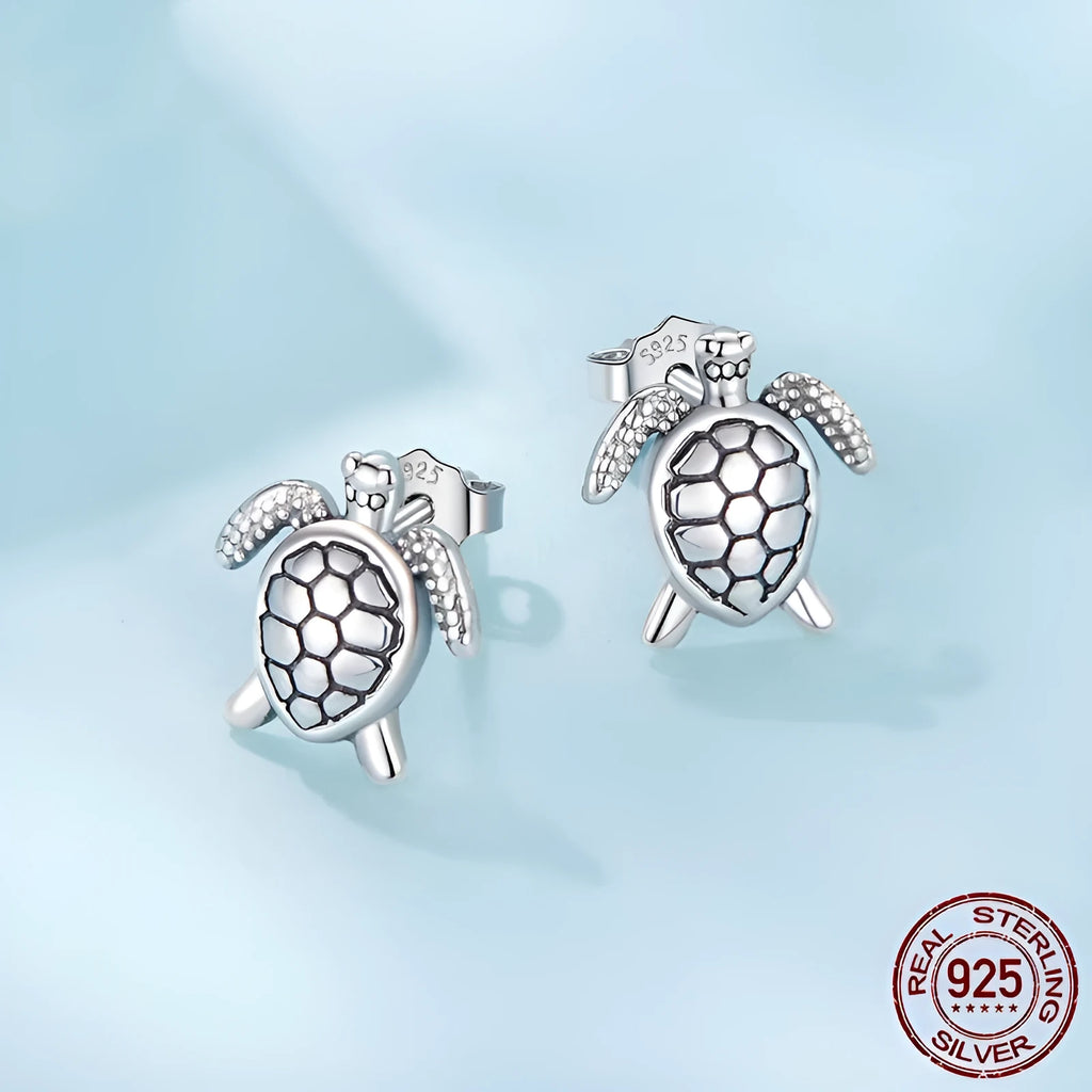 S925 sterling silver turtle stud earrings with polished finish, unisex pair, colour SCE1935