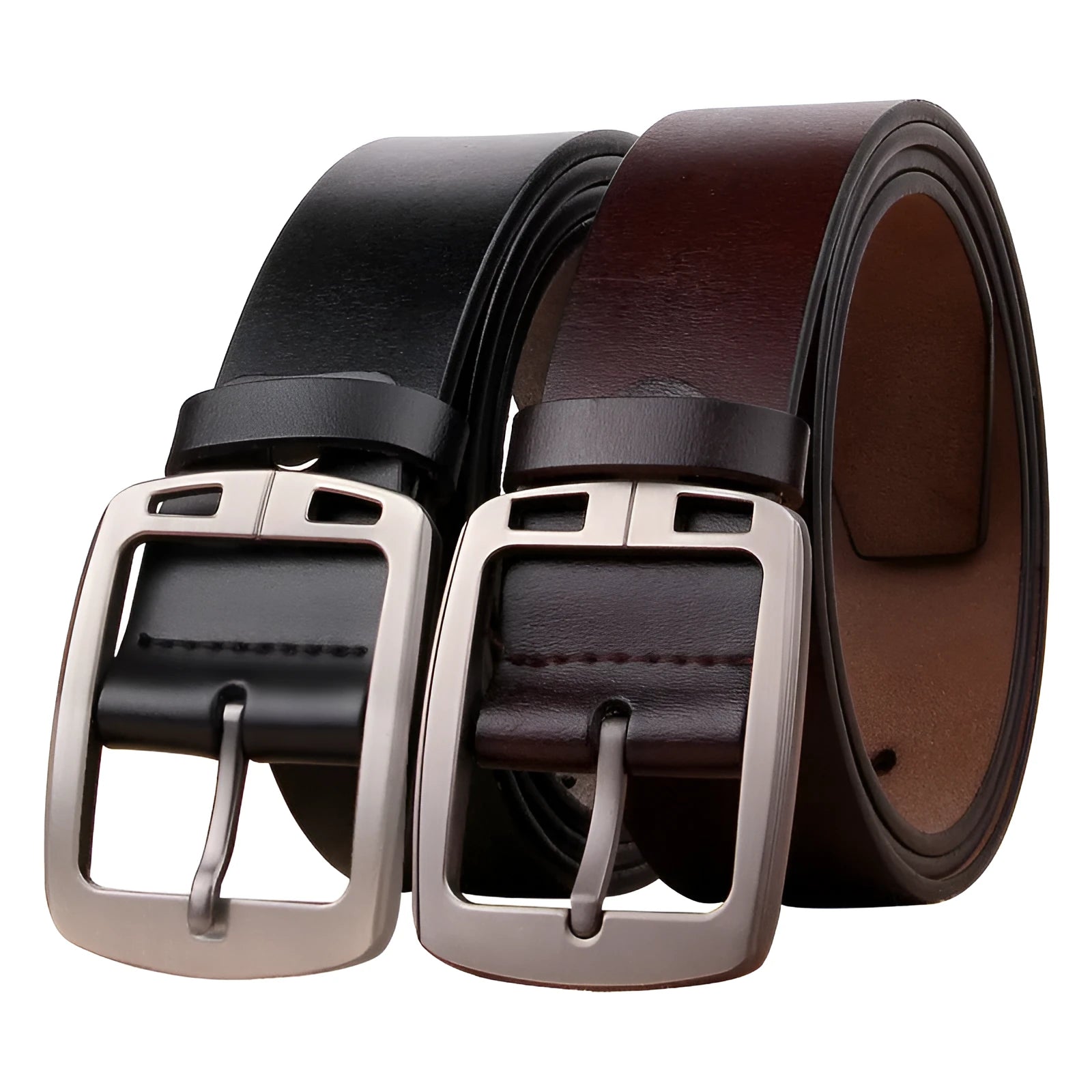 Genuine leather retro men's belt with alloy pin buckle, black colour, 120cm length, on plain background