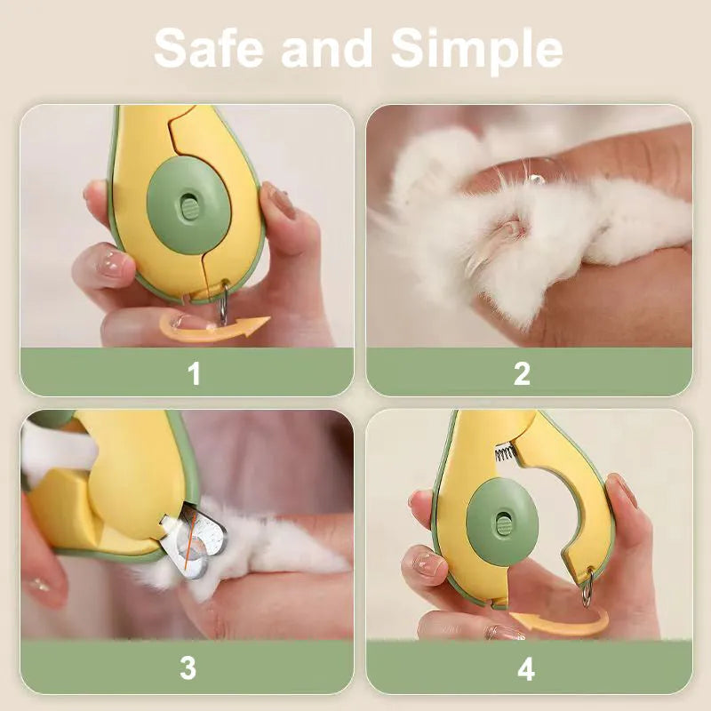 Professional LED pet nail clipper with safety guard in green, pink, and white colour options