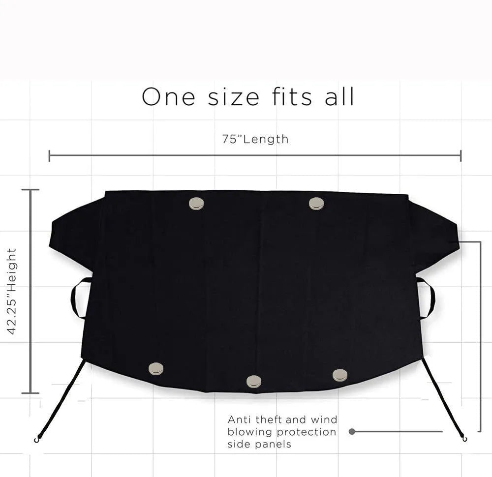 Windshield ice and snow gown in black rubber Oxford cloth placed over a car windscreen for frost and snow protection