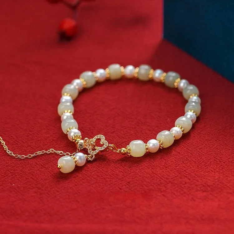 Natural Hetian jade pearl pendant women's bracelet with gold electroplated Chinese style design