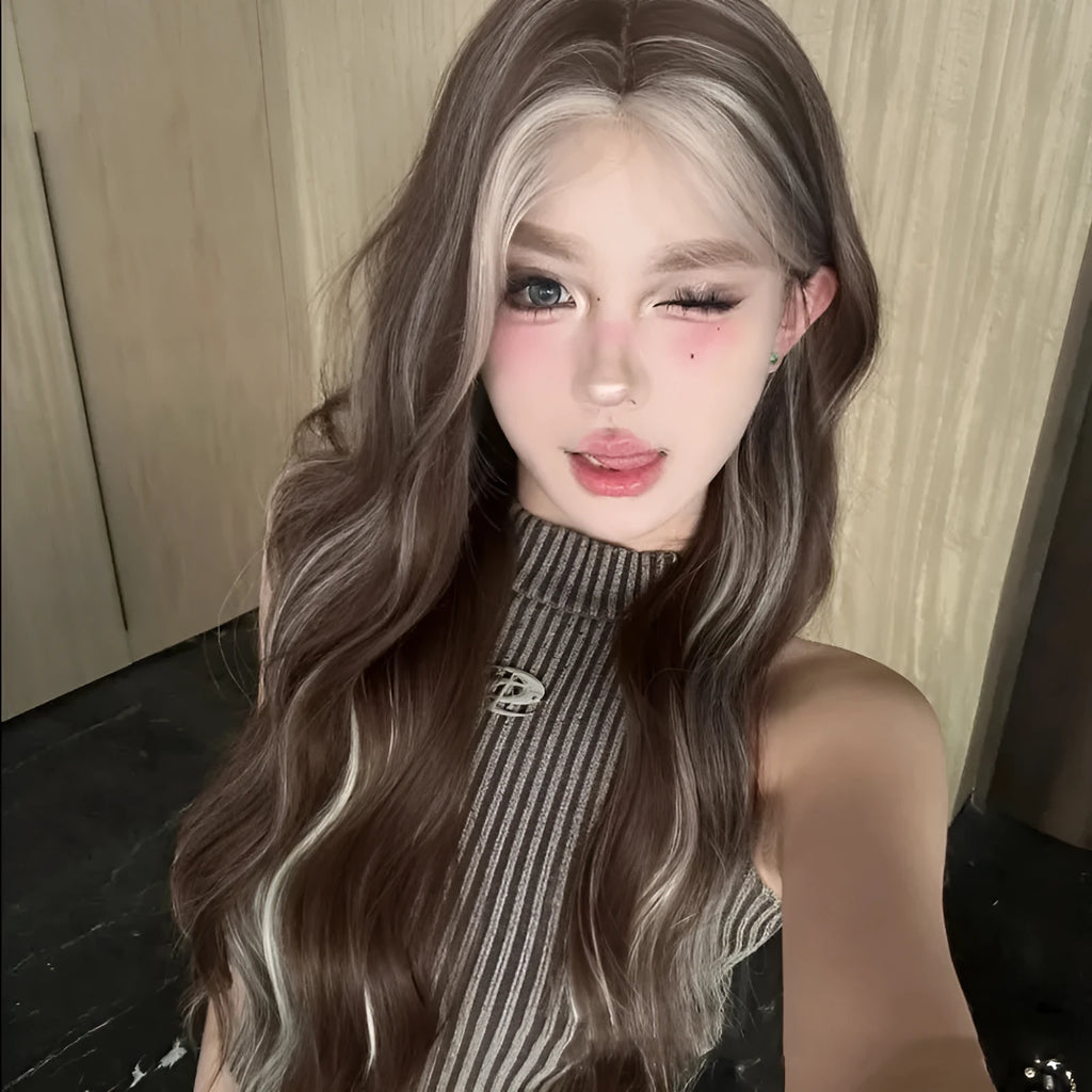 Long curly gray golden highlight synthetic wig with lace front design, shown with a hair net.