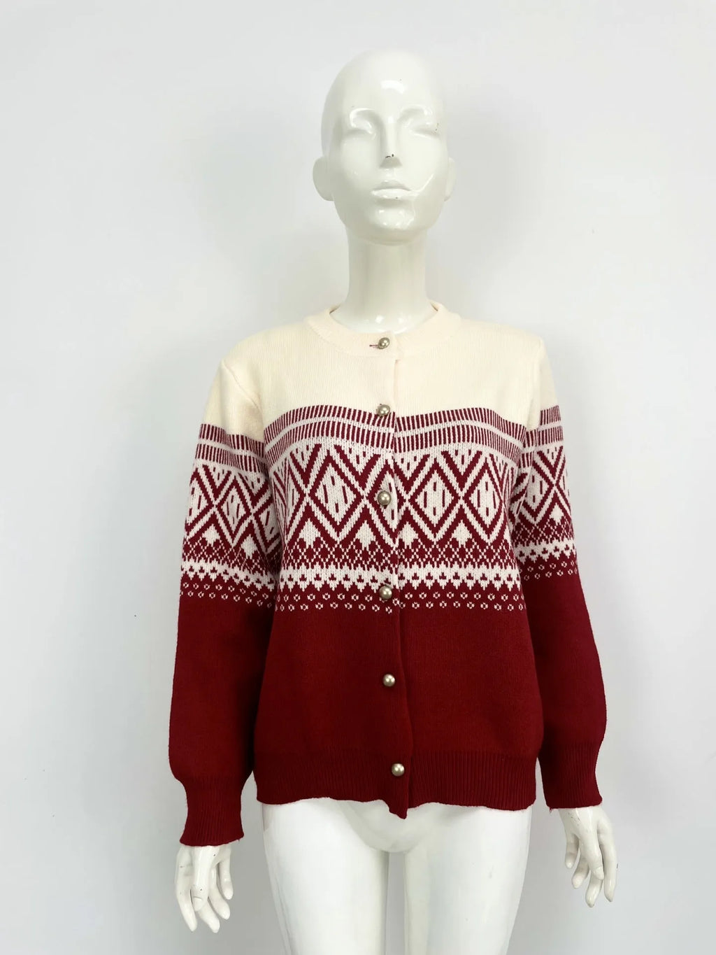 Women's alpaca wool cardigan with contrast colour diamond knit pattern in red, grey, or pink