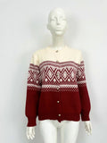 Women's alpaca wool cardigan with contrast colour diamond knit pattern in red, grey, or pink
