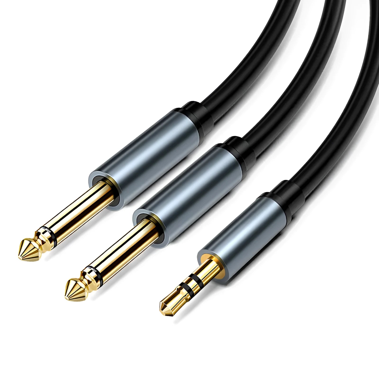 3.5mm to 6.5mm male-to-male audio cable with gold-plated connectors and black PVC sheathing